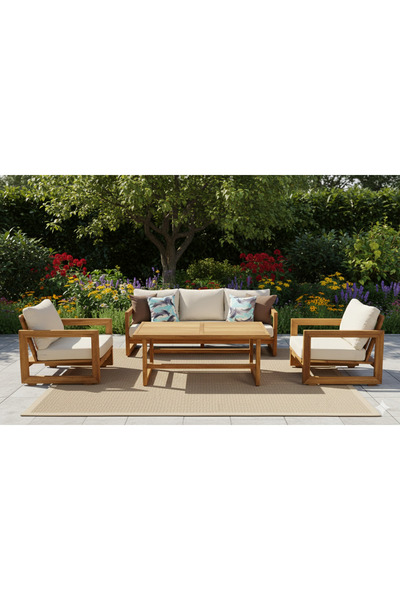 zerkaconcept Liverno Masif Ahşap İroko Ağacı Oturma Grubu Bahçe Balkon Koltuk...