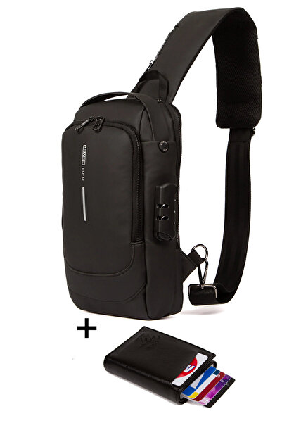 Newish Erkek Deri Mekanizmalı Cüzdan ve Usb Çıkışlı Çapraz Askılı Omuz ve Bel Çantası - Siyah