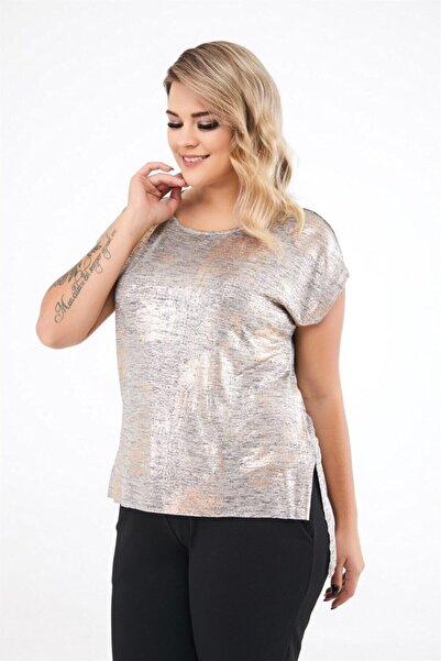 Seamoda Kısa Kol Rose Gold Sim Baskılı Yırtmaçlı Bluz-Açık Antrasit