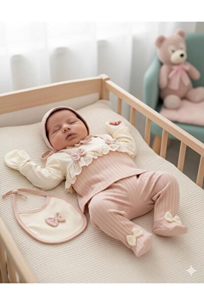 MİNİBORN YENİ DOĞAN KIZ UZUN KOLLU PUDRA ROBA KURDELE DETAY BEŞLİ SET