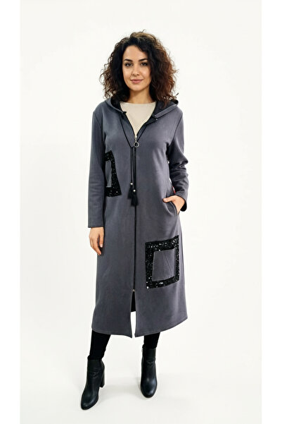 Elvoria Gri Pullu Süet Manto