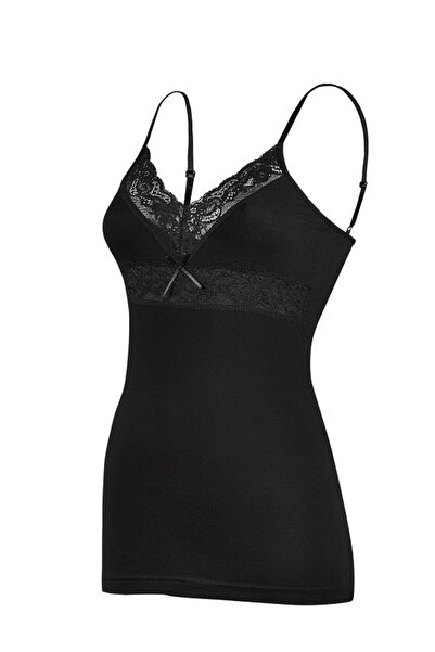 YILDIZ 2291 Чорна майка з V-подібним вирізом та мереживною обробкою