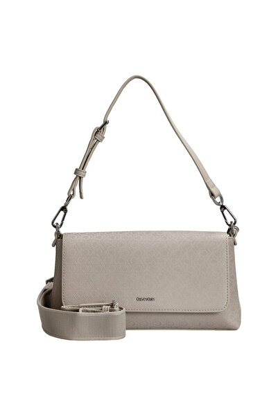 Calvin Klein Women's Magnetic Closure Detachable and Adjustable Shoulder Strap Metallic Logo Embossed Beige Bag