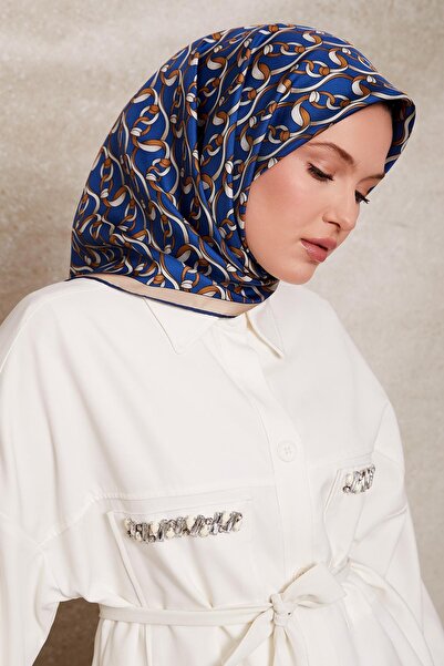 Levidor Blue Chain Patterned Twill Silk Scarf