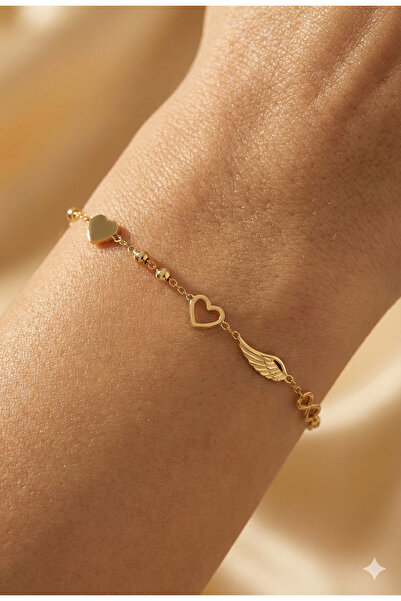 YCL JEWELLERY 8 Ayar Altın Melek Sonsuzluk ve Kalpli Altın Şans Bilekliği