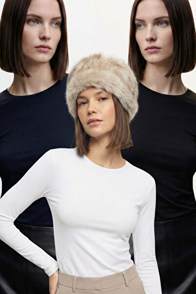 VODENS Черно Бяло Тъмносиньо - Блуза с дълъг ръкав от 3 части с кръгло деколт...