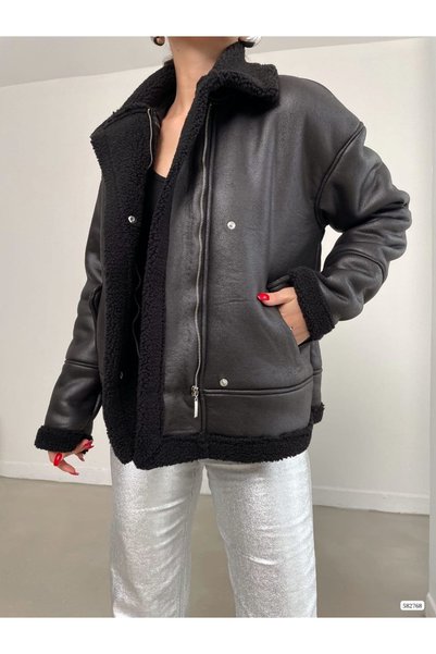 rengastyle Women's Plush Detail Suede Coat (Colorful)