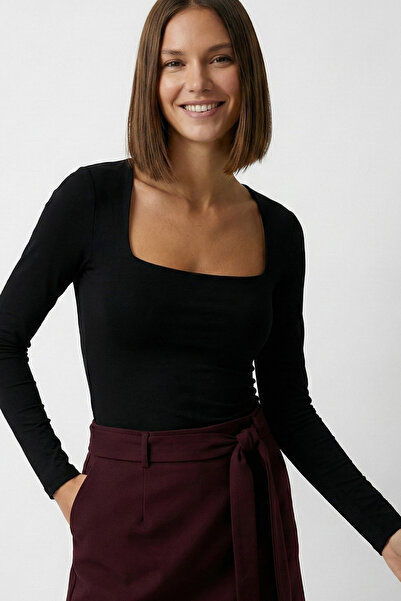 VODENS Дамска черна блуза с квадратна яка, 95% памук, дълъг ръкав