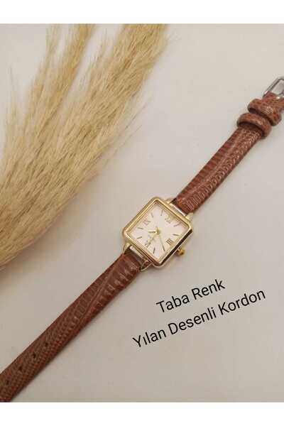 QUARTZ Marka Vintage Çelik Gold Kasa Minimal Kare Model Taba Renk Yılan Desen...