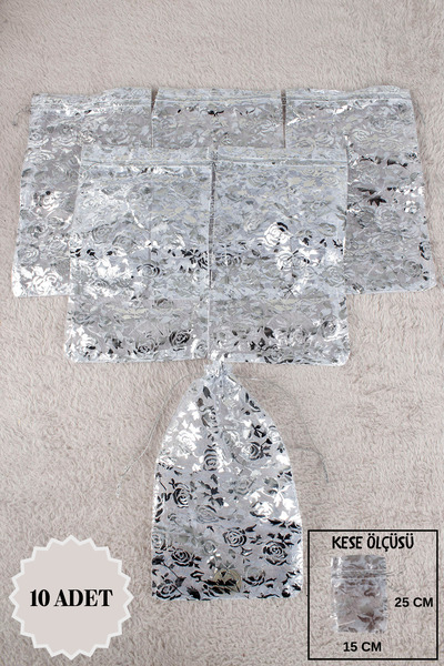 Mortex Gümüş Baskılı Tül Kese 10 Adet 15x25 Cm Kına, Havlu, Düğün, Çeyiz, Hed...