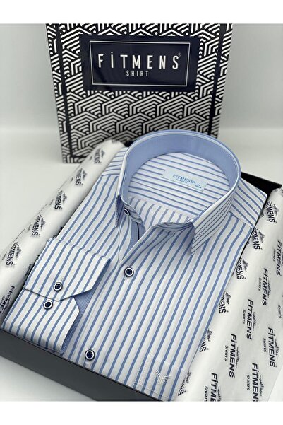 Fitmens قميص رجالي كلاسيكي بأكمام طويلة وخطوط سميكة مع علبة هدايا FS-001260 - أبيض وأزرق فاتح