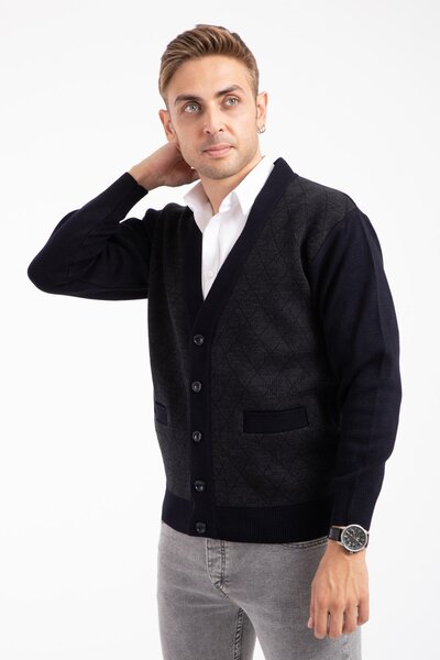 Mutlu City Erkek Orta Yaş ve Üzeri Triko Örgü Akrilik Kışlık Baba Hırka 2057-Lacivert-Düğmeli