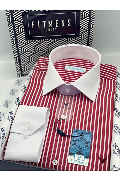Fitmens Classic long sleeve pocketless collar cuff white gift boxed men's shirt fs-004328 - burgundy white