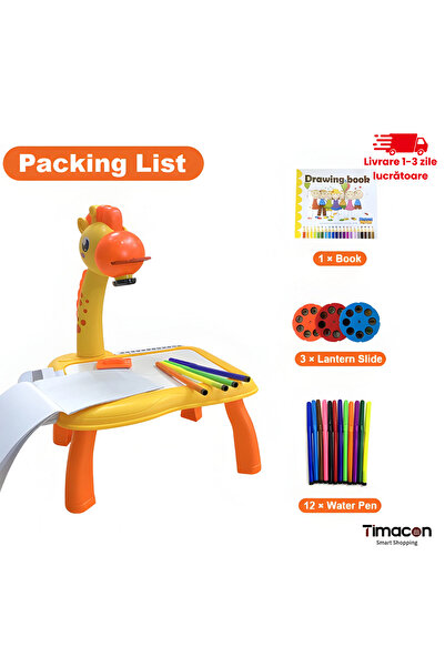 Tim Masă desen cu proiector, 3 discuri/24 șabloane, 12 carioci, tablă cu șter...