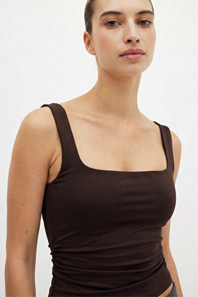 VODENS Kadın Kahve %95 Pamuk Kare Yaka Askılı Body