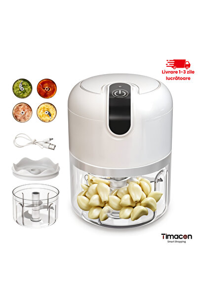 Tim Mini Tocător Electric Portabil 250 ml, USB, 45 W – Lame Inox, pentru Legume & Usturoi