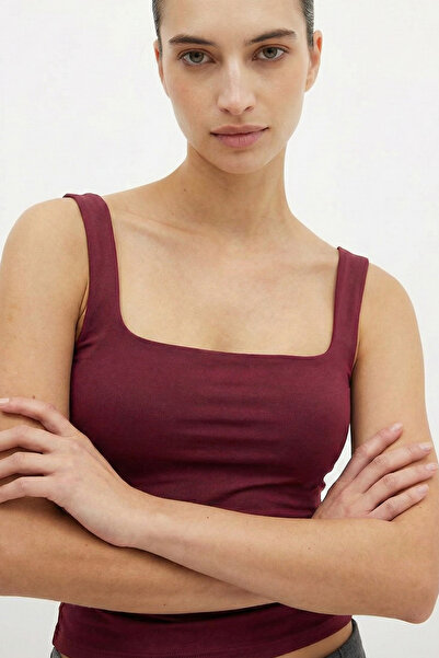 VODENS Kadın Bordo %95 Pamuk Kare Yaka Askılı Body