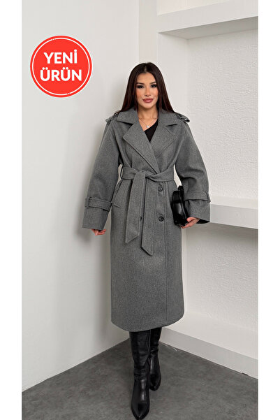 Perryes Premium Women's Melange Gray Cashmere Coat Long Winter Belted Stylish Overcoat