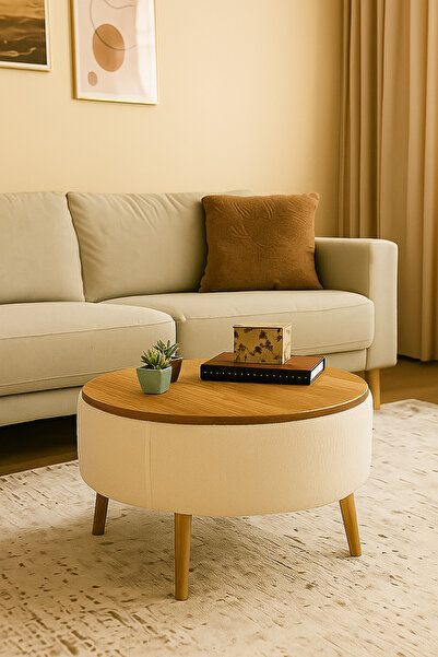 own home İris Orta Sehpa, Teddy Kumaş Kaplamalı Ahşap Ayaklı Yuvarlak Orta Sehpa, Modern Orta Sehpa