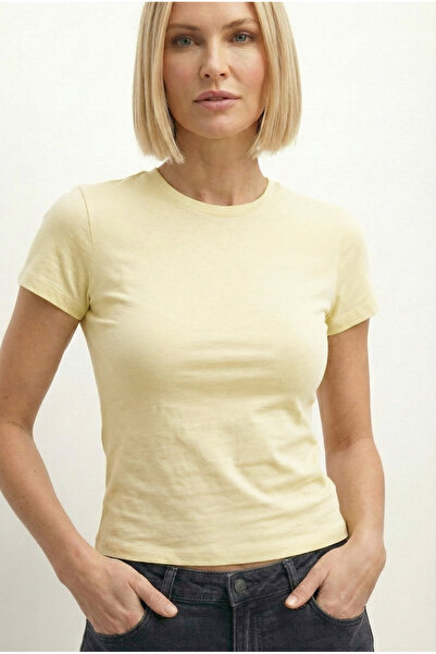 VODENS Yellow Crew Neck Basic Ultra Soft 100% Cotton Short Sleeve Body