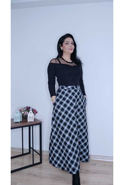 Enga Vera Fusta lungă cu model în carouri pentru femei, cu talie înaltă buzun...