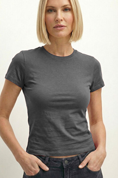 VODENS Antrasit Bisiklet Yaka Basic Ultra Soft %100 Pamuk Kısa Kol Body