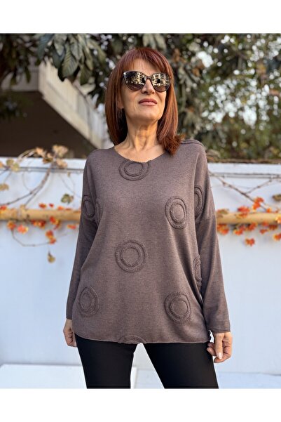 DenizEge Women's Ring Motif Embossed Angora Blend V-Neck Sweater Brown