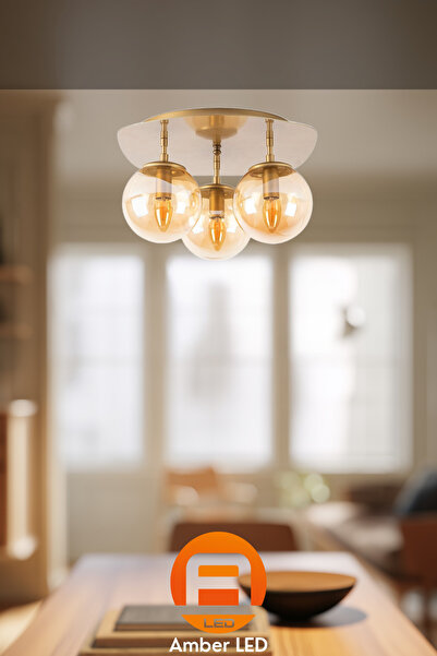 AmberLED Şık Camlı 3'lü Plafönyer Parlak Gold Oturma Odası ve Antre İçin E14 ...