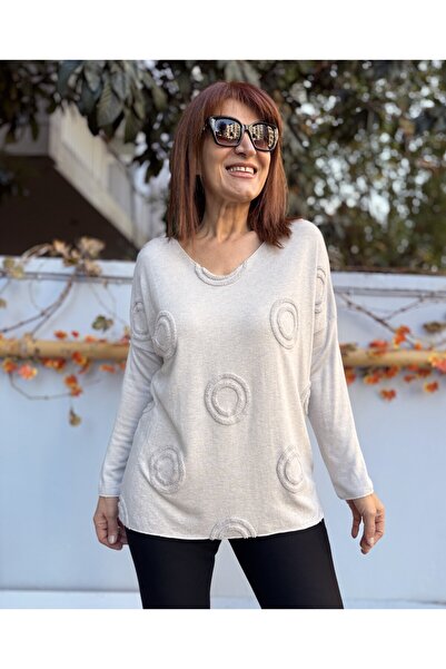 DenizEge Women's Ring Motif Embossed Angora Blend V-Neck Knitwear Stone