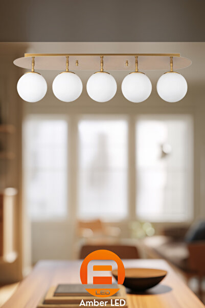AmberLED Modern Camlı 5'Li Plafönyer Parlak Gold Yatak Odası ve Salon İçin E1...
