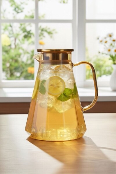 morponi Borosilikat Cam Metal Kapaklı Lüks Elmas Sürahi 1900 ml Gold