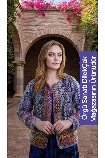Örgü Sanatı DilekÇak El Örgüsü Patchwork Ömürlük Hırka, Ponpon Detaylı, Renk Ahenkli, Bohem, Tasarım Kadın Hırka
