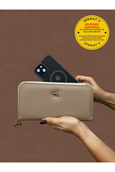 shiny ever Large Size Leather Women's Wallet Handbag with Phone Compartment, Cream Color with Gold Detail