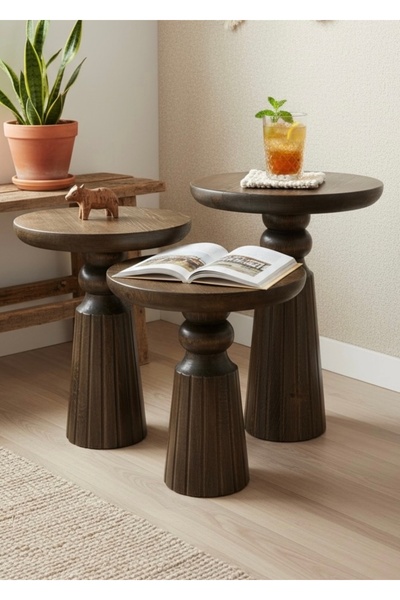 ASELYA HOME Doğal Ahşap 3’lü Set Mantar Yan Sehpa Modern Ceviz Renk Fiskos Zi...