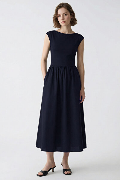 VODENS Ženska midi haljina tamnoplave boje sa kontrastnim džepovima