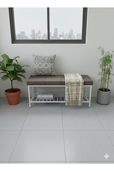 ÖZCAN METAL Beyaz Metal Ayaklı Raflı Bench Puf Bank Antre Mutfak Salon Yatak ...