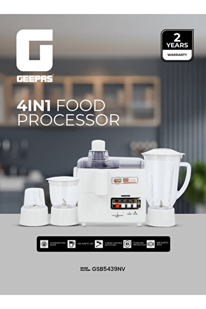 Geepas معالج طعام متعدد الوظائف 4 في 1 (عصارة/خلاط/مطحنة ومفرمة) مع وعاء بلاس...