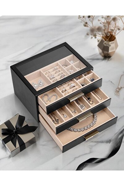 NEXTWAVE Κοσμηματοθήκη με καπάκι, 3 συρτάρια, βελούδινη, μαύρο οικολογικό δέρ...