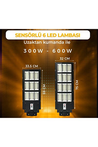 Solar 600W Hareket Sensörlü 12 Led Sokak Lambası| Su Geçirmez, Kumandalı, 3modlu
