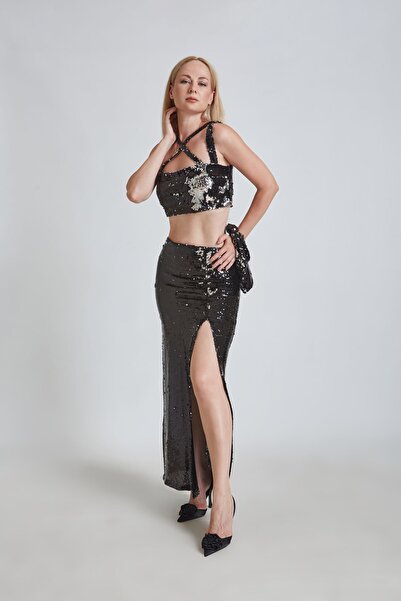 ECEM ALP Siyah Silver Işlemeli Çapraz Askı Detaylı Payet Büstiyer-Yılbaşı Şık...