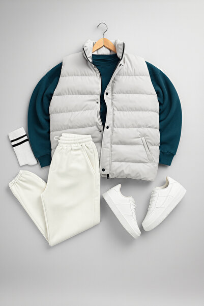 tetramoda Vestă umflată căptușită și trei fire Compact guler rotund din bumba...