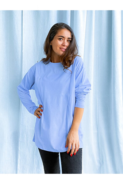 Baby Boroosh Kadın Gizli Fermuarlı Uzun Kollu Oversize Mavi Emzirme Tişörtü