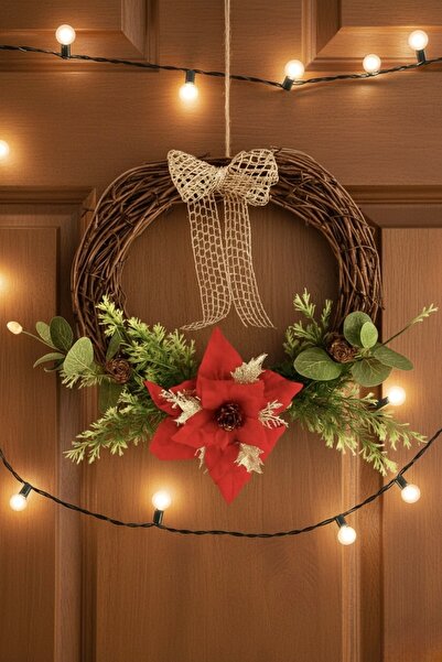 MACROMEKİDS Ramuri de viță de vie premium de 30 cm, ușă de Anul Nou cu detalii de flori de eucalipt și ponsetia, decorare de perete