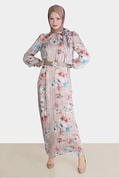 Alvina Patterned Chiffon Dress with Bow Detail 42620