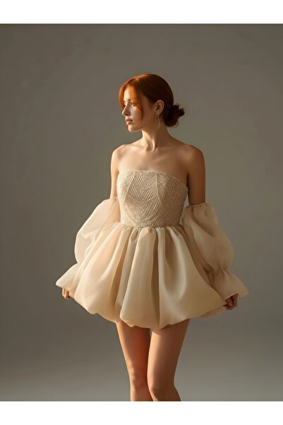 DADUCOLLECTİON Beyaz balon etek işlemeli abiye after party elbisesi