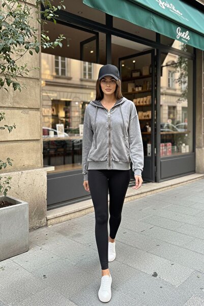 Soul Kadın Fermuarlı Kapüşonlu Eskitme Sweatshirt - 32064SWT - ANTRASİT