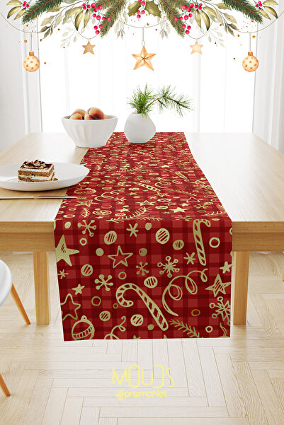 Moud's Червена коледна велурена пътека за маса с шарки