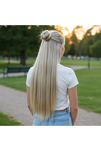 Peruk Market Fiber Sentetik Düz Yarım Ay + 2 Yan Çıt Çıt - Balköpüğü Platin R...