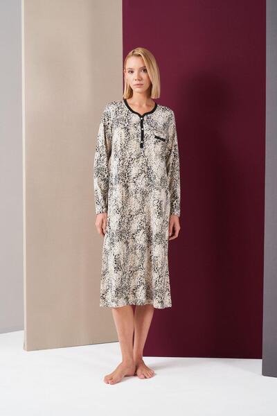 PJS 26024 Жіноча нічна сорочка з довгими рукавами, з мереживними деталями та ...