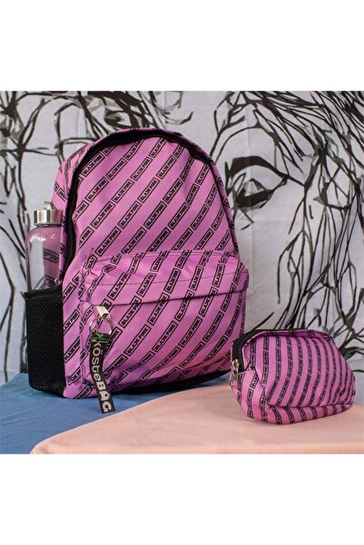 Köstebek Pink and Pink Logo School Backpack with Water Bottle - With Pen Holder